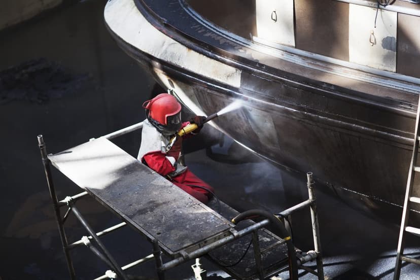 Worker cleaning boat hull with high pressure equipment